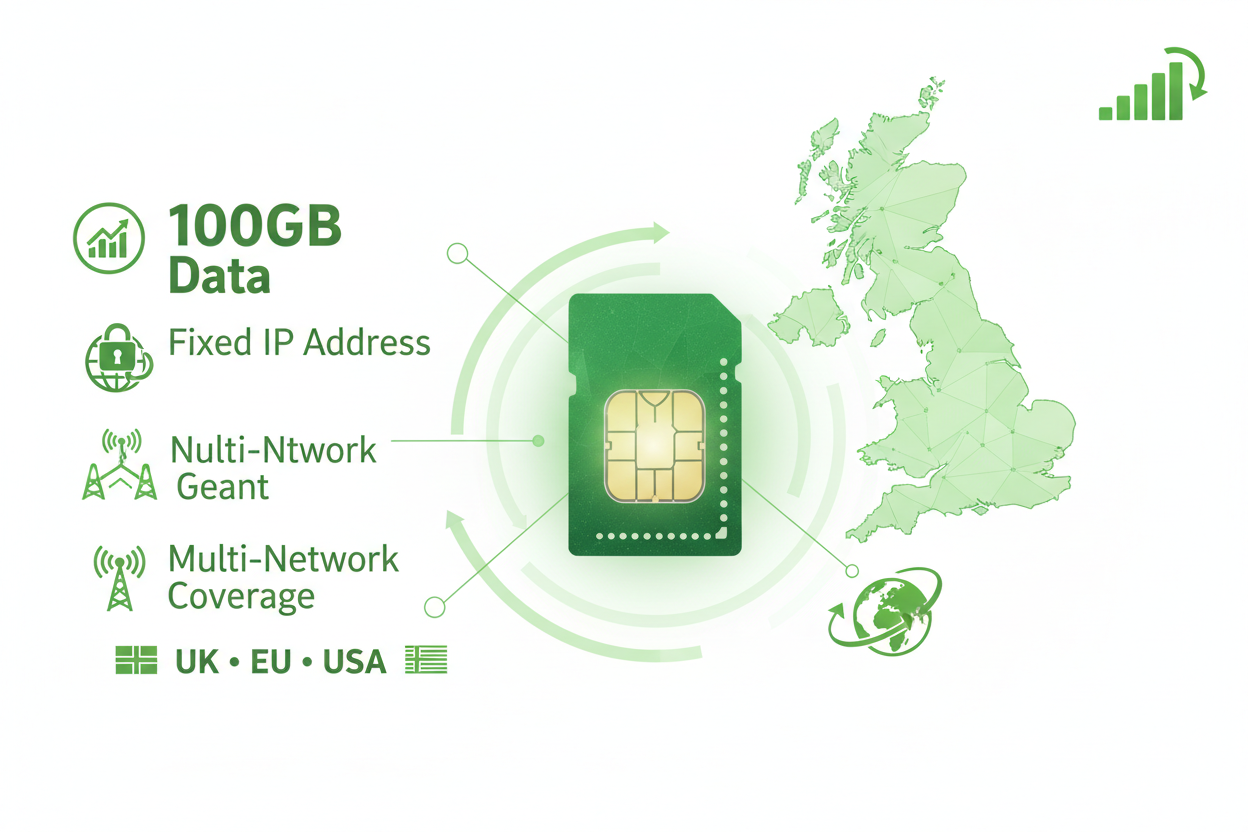 20 GB Multi-Network Fixed IP SIM – Statyczny IPv4 | 4G/5G dla firm w Wielkiej Brytanii 100GB Fixed IP SIM UK | Multi-Network (Vodafone, O2, Three) | Static IPv4 Data SIM for UK, EU & USA | No Contract