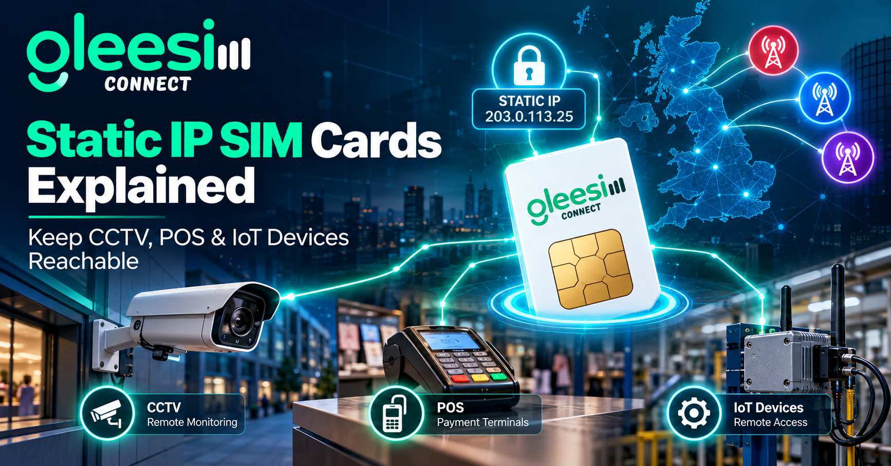 GleeSim static IP SIM card for CCTV, POS and IoT remote access