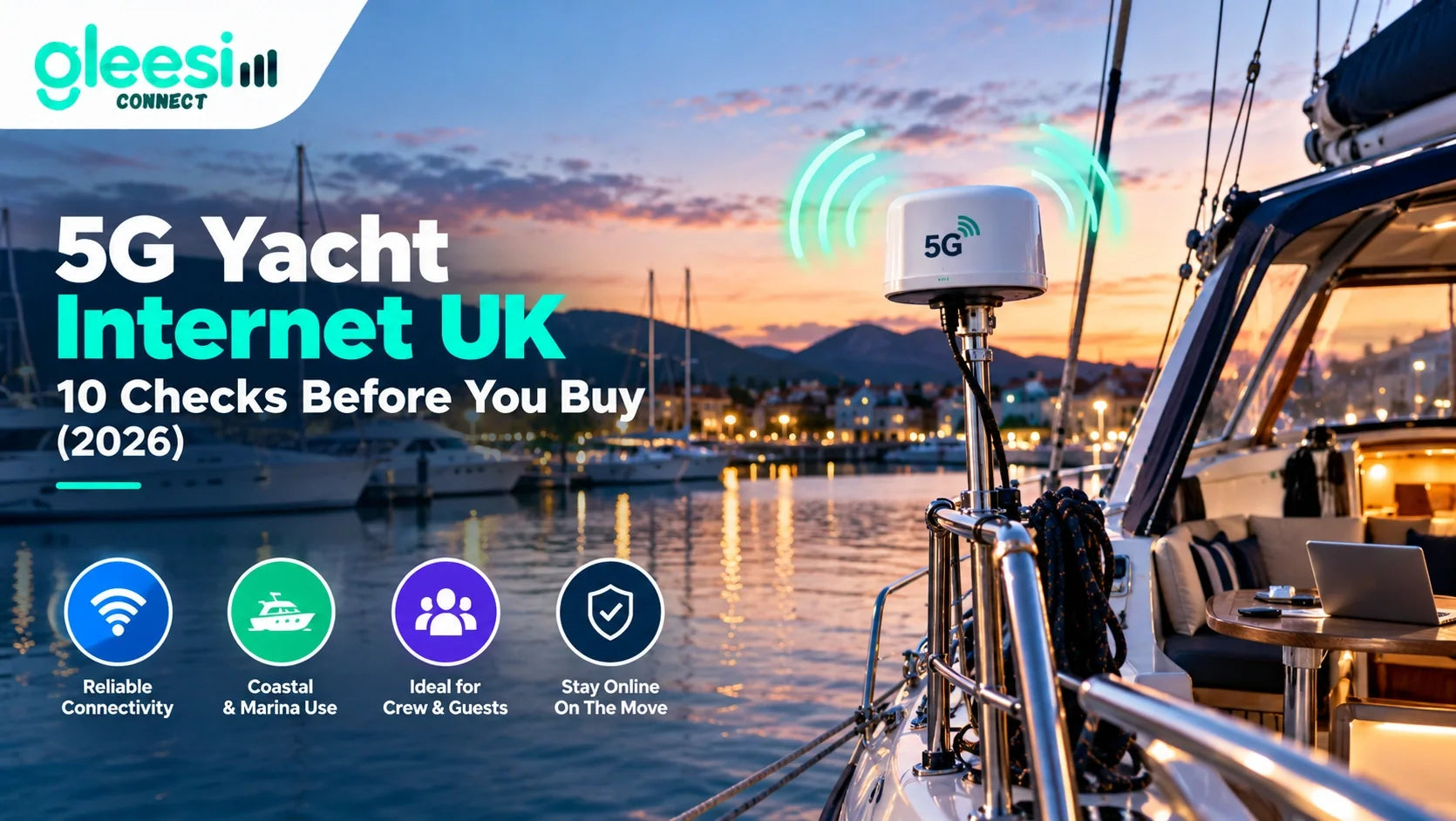 5G yacht internet UK: marine antenna on a yacht in a Scottish marina
