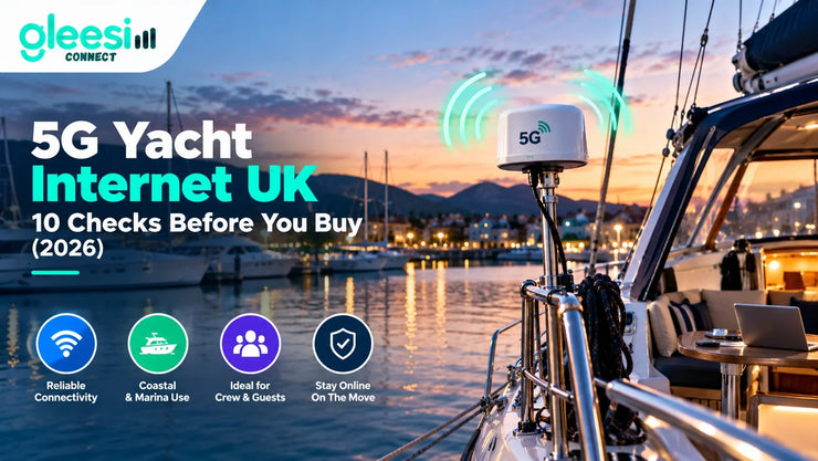 5G yacht internet UK: marine antenna on a yacht in a Scottish marina