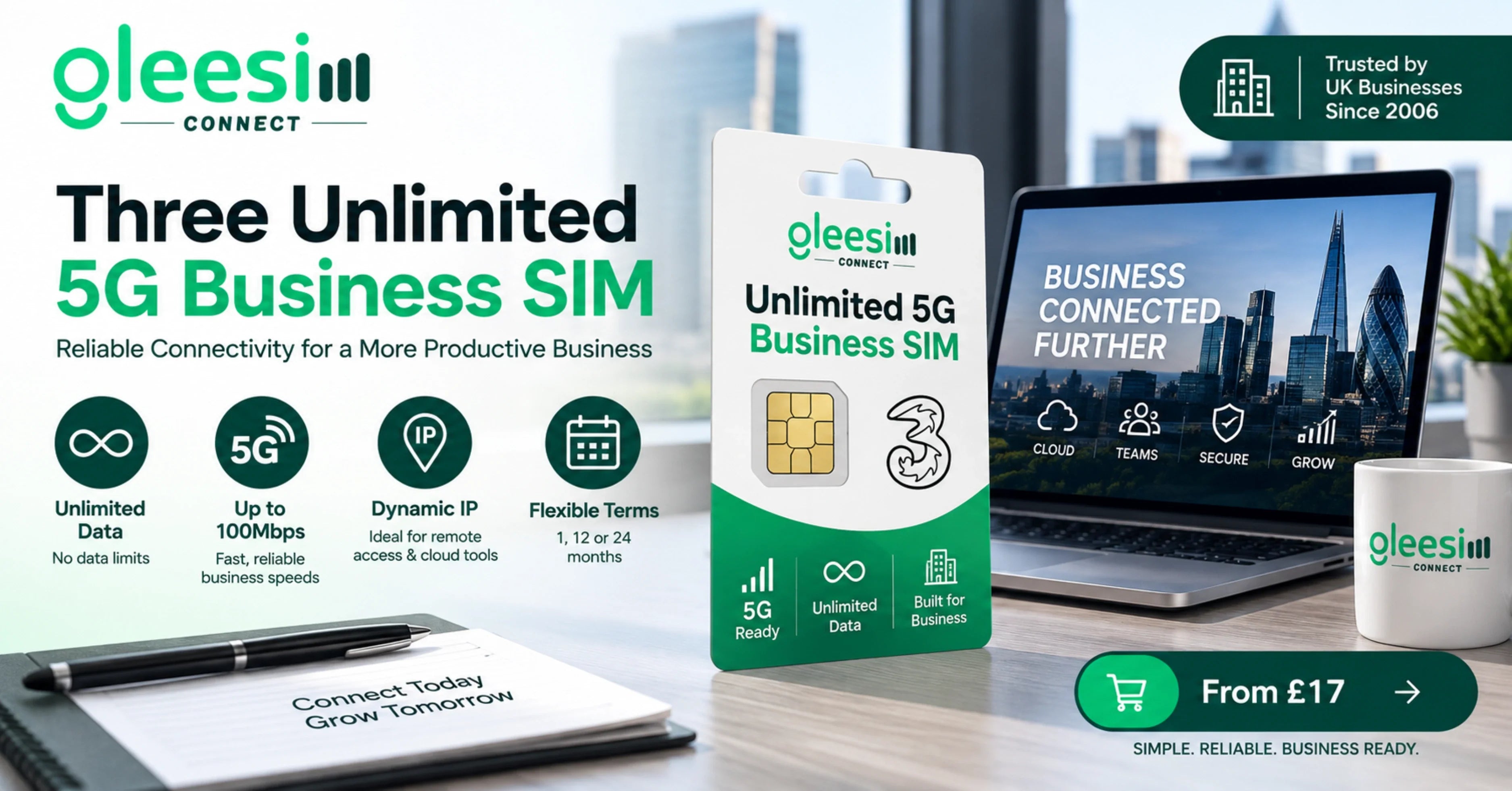 Three Unlimited 5G Business SIM from GleeSim with unlimited data, dynamic IP and flexible business plans 