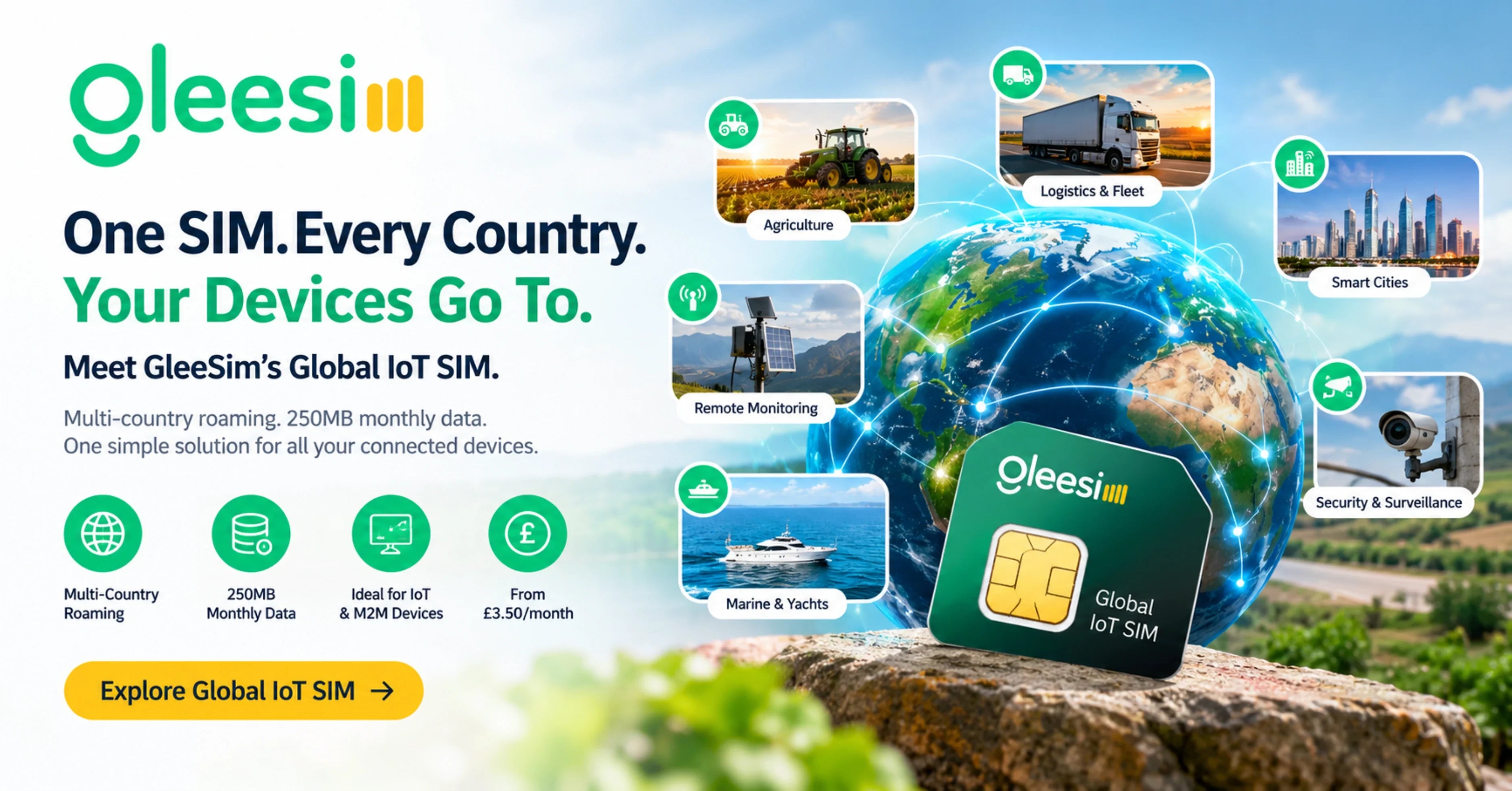 GleeSim Global IoT SIM with multi-country roaming for connected business devices