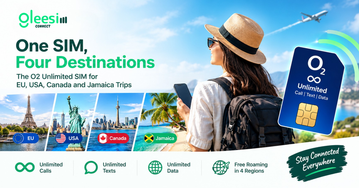 O2 unlimited roaming SIM for EU USA Canada and Jamaica travel with GleeSim 