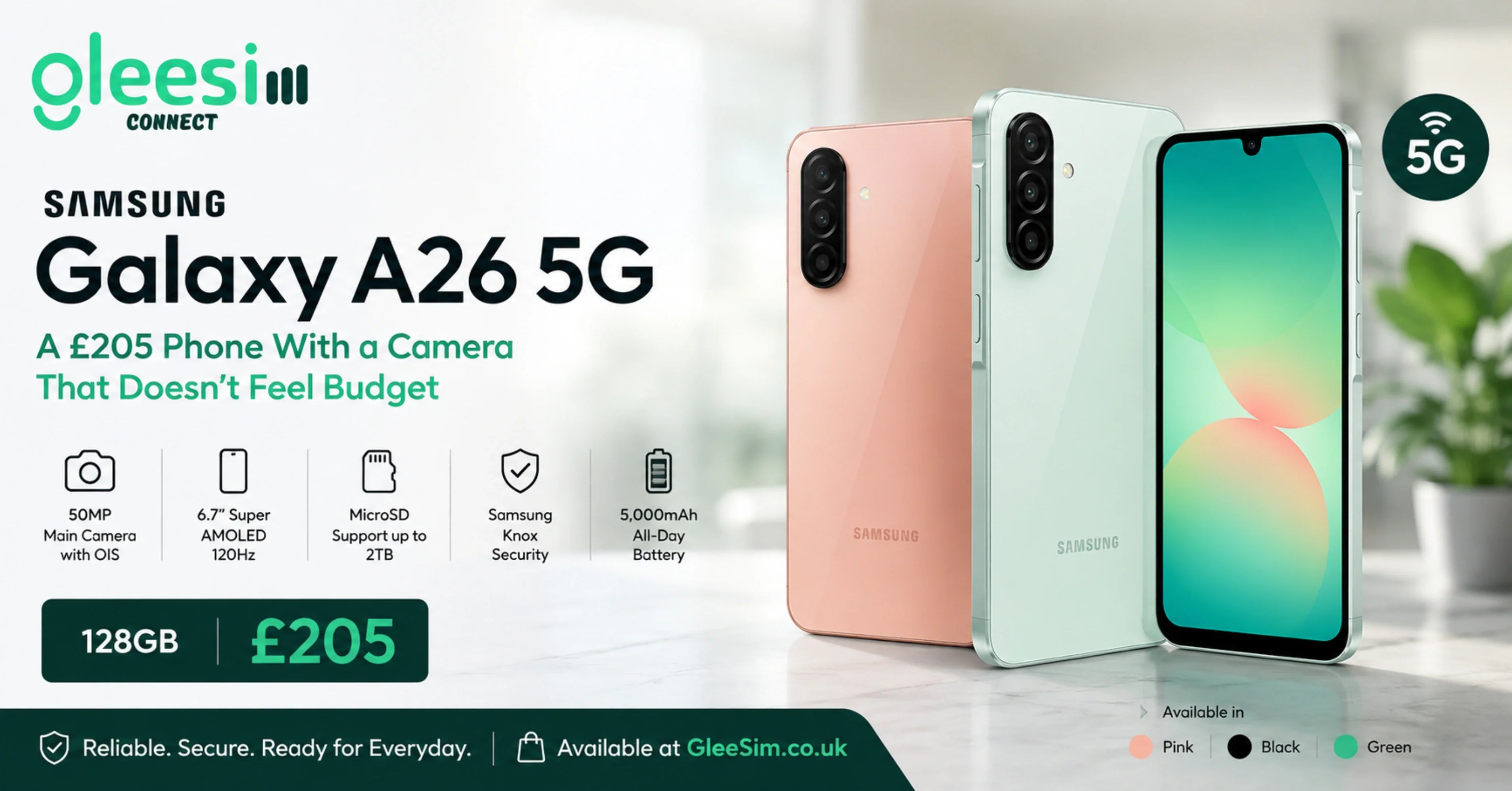 Samsung Galaxy A26 5G 128GB £205 phone from GleeSim 