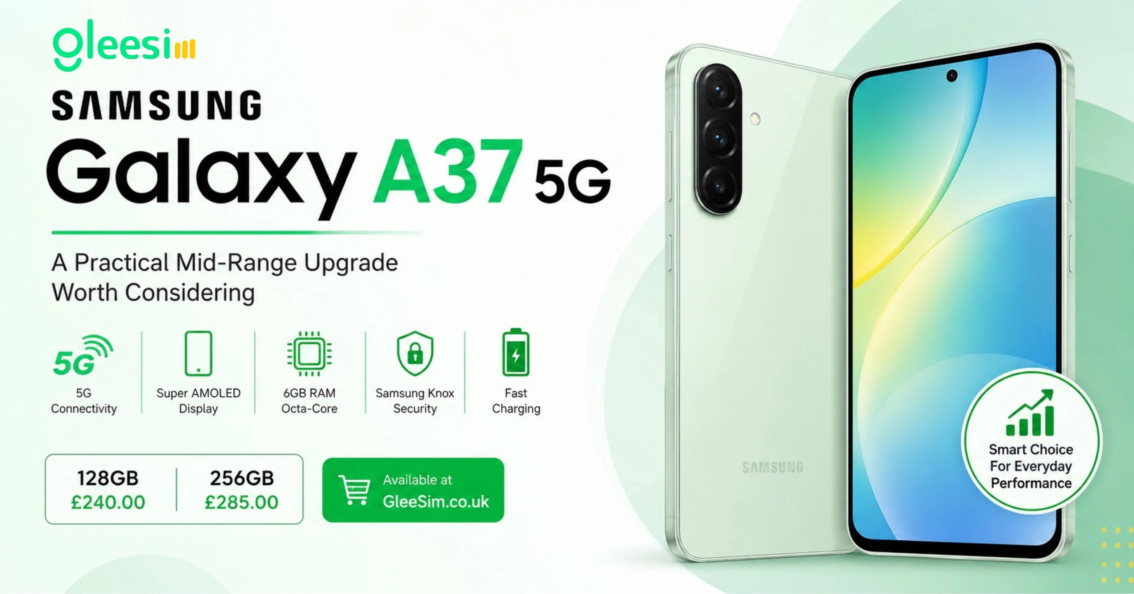 Samsung Galaxy A37 5G mid-range smartphone with 5G connectivity and Super AMOLED display