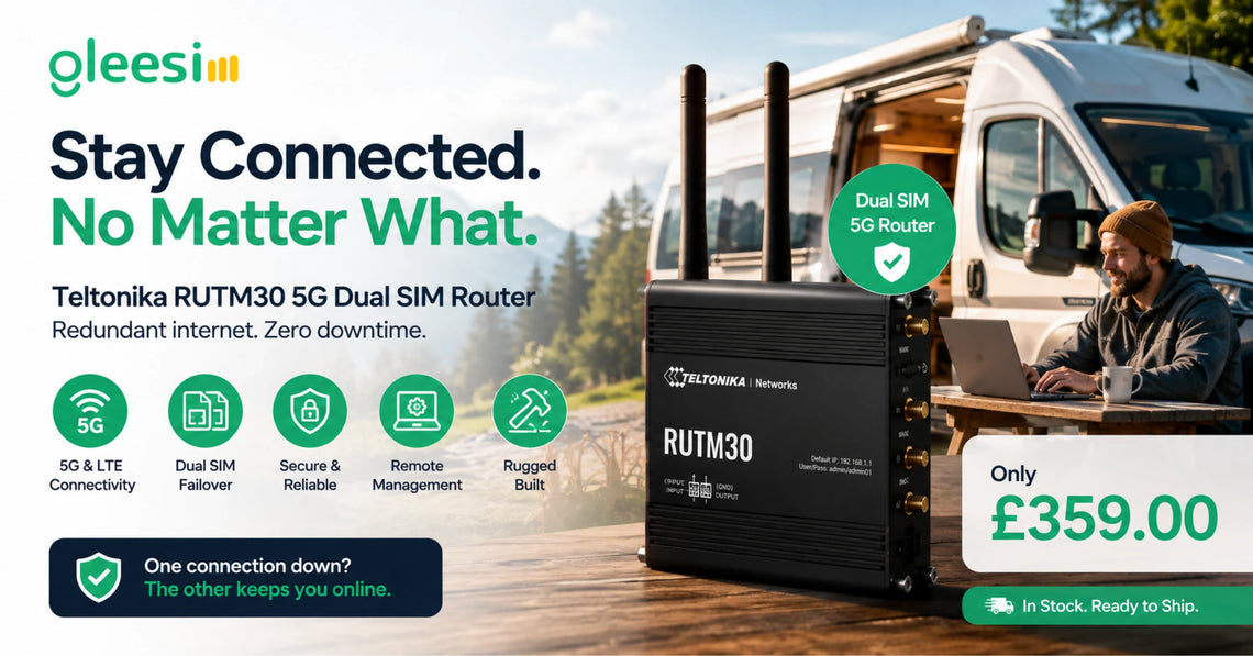 GleeSim Teltonika RUTM30 5G dual SIM router for backup internet 