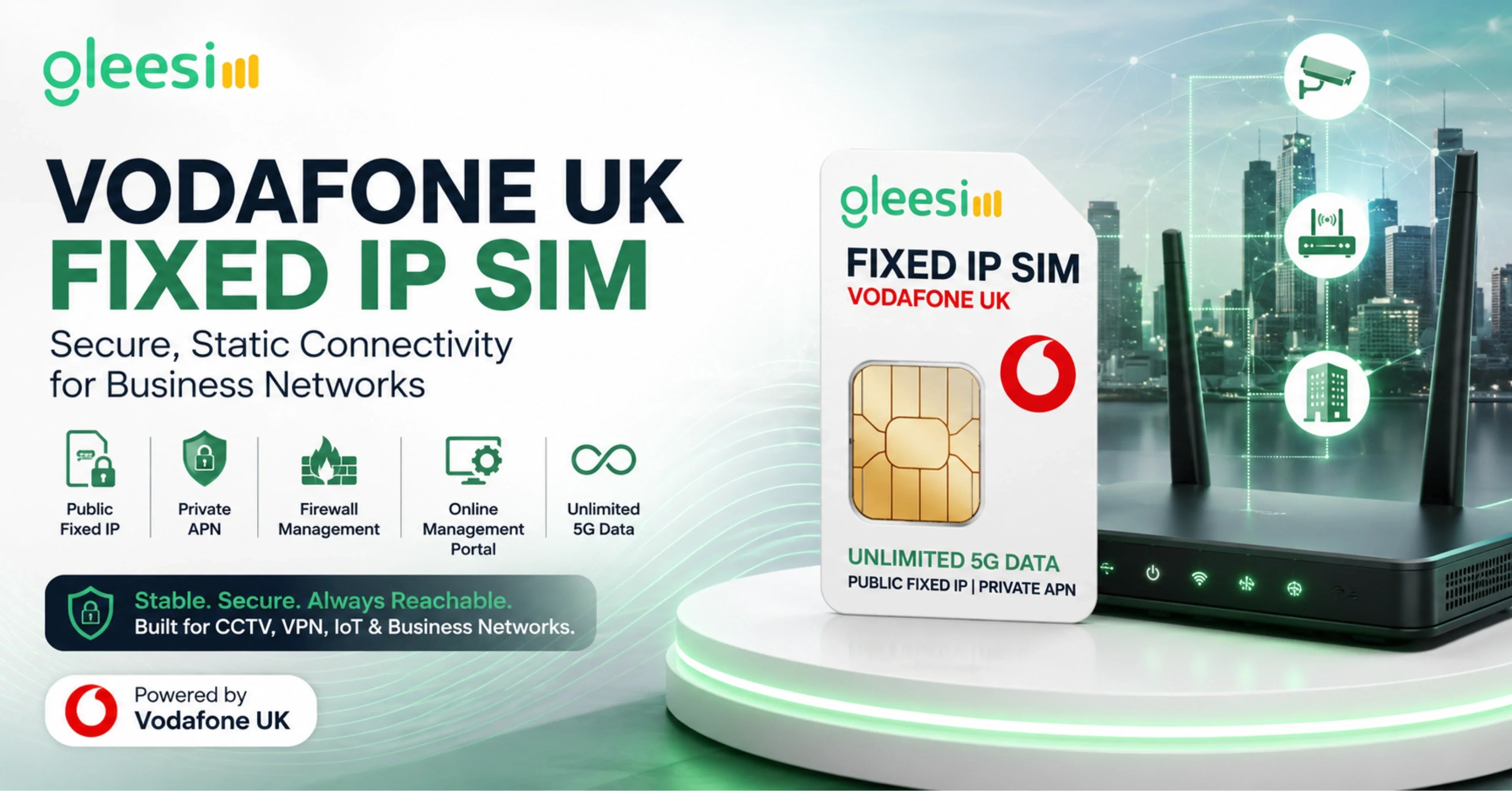 Vodafone UK Fixed IP SIM with unlimited 5G data for secure business connectivity 