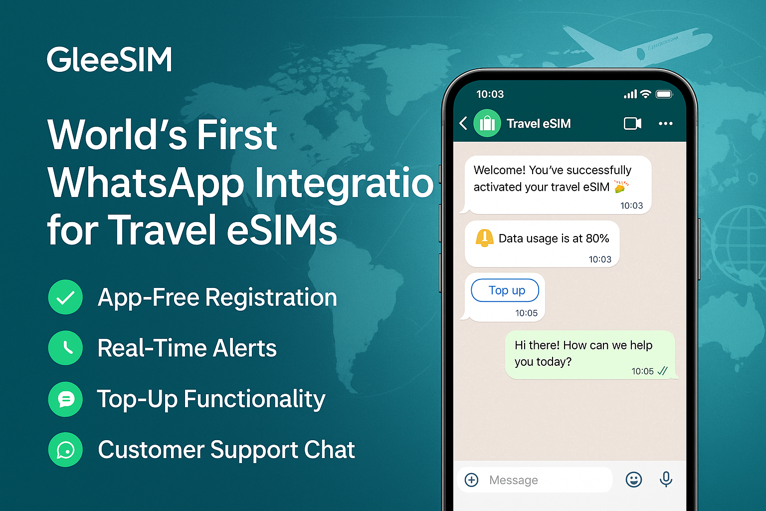 GleeSIM is the world's first travel eSIM provider to fully integrate WhatsApp.