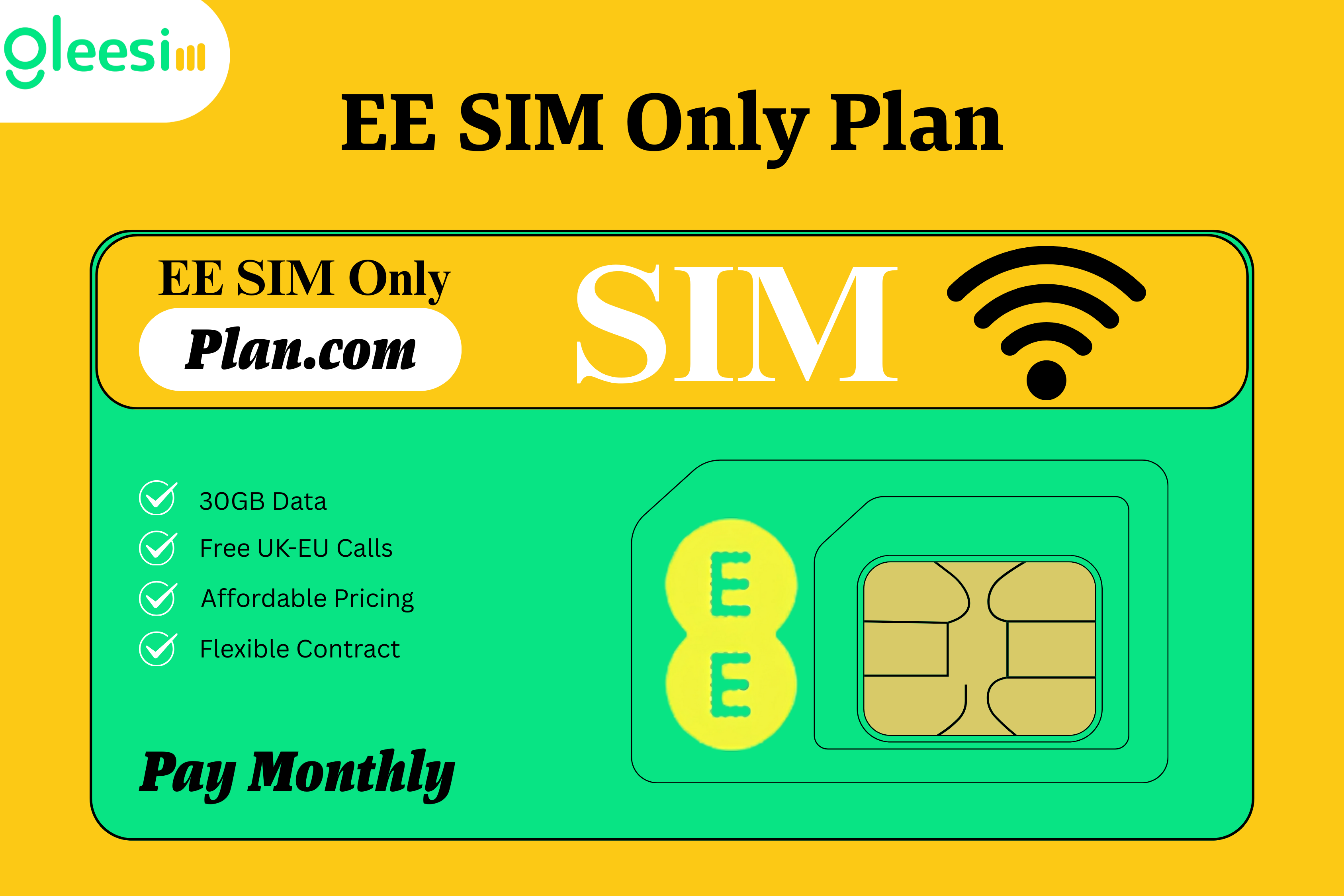 Tylko plan SIM | 30 GB danych | Darmowe połączenia między Wielką Brytanią a UE | 17 GBP + VAT | EE przez Plan.com